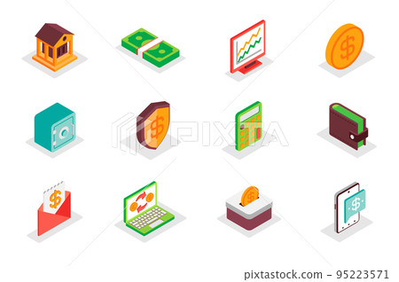 Finance concept 3d isometric icons set. Bundle elements of bank, money, data analysis, coin, safe, calculator, accounting, wallet, tax, payment and other. Vector illustration in modern isometry design Finance concept 3d isometric icons set. Bundle elements of bank, money, data analysis, coin, safe, calculator, accounting, wallet, tax, payment and other. Vector illustration in modern isometry design 95223571