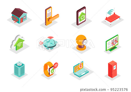 Smart Home concept 3d isometric icons set. Bundle elements of remote monitoring, automation, security system, electronic control, settings and other. Vector illustration in modern isometry design 95223576