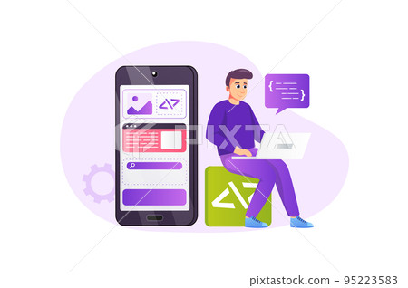 App development concept in flat style with people scene. Happy man coding, programming and creating mobile interface layout at laptop. Developer doing software. Vector illustration for web design 95223583