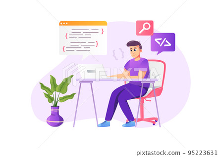 Programmer working concept in flat style with people scene. Happy man coding and programming at laptop sitting desk at home office. Developer doing tasks online. Vector illustration for web design 95223631