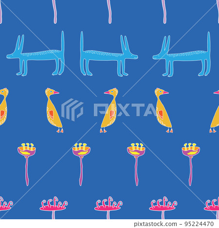 Infantile style funny dog, little goose and flowers in a raw. 95224470