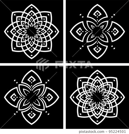 Abstract Decorative Radial Pattern.s. White Design Elements on Black Background. Abstract Decorative Radial Pattern.s. White Design Elements on Black Background. 95224501