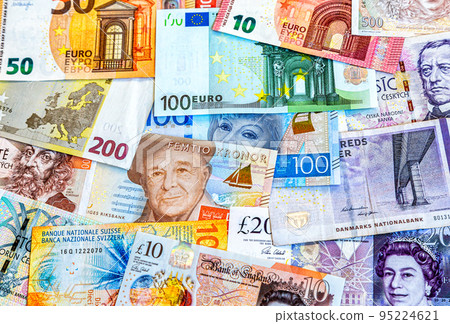 Money background from banknotes of various currencies 95224621