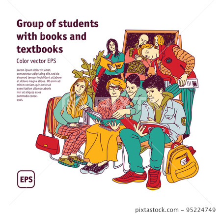 Group students with books and textbooks isolate on white 95224749