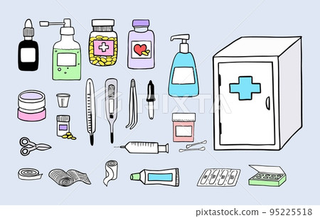 Health care and medicine hand drawn elements. Set of first aid elements with medicine chest. Doodle style vector illustration 95225518