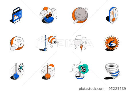 Weather forecast 3d isometric icons set. Pack elements of air humidity, temperature, sun, moon, cloudy, wind, thunderstorm, heat, frost, cold and other. Vector illustration in modern isometry design 95225589