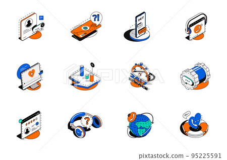 Customer support 3d isometric icons set. Pack elements of online communication with client, contact us, chat, email, call, help service, faq and other. Vector illustration in modern isometry design Customer support 3d isometric icons set. Pack elements of online communication with client, contact us, chat, email, call, help service, faq and other. Vector illustration in modern isometry design 95225591