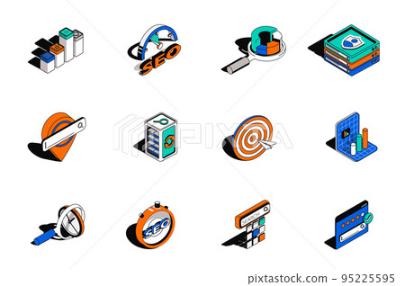 Seo analysis and optimization 3d isometric icons set. Pack elements of network, target, traffic, rating, keyword ranking, marketing research and other. Vector illustration in modern isometry design 95225595