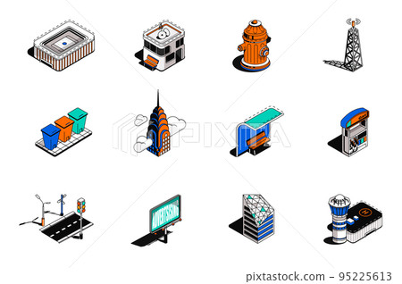 City infrastructure and buildings 3d isometric icons set. Pack elements of stadium, hydrant, towers, trash bins, gas station, road, billboard and other. Vector illustration in modern isometry design 95225613