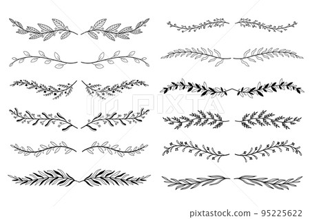 Floral ornament dividers set in hand drawn design. Herbs and twigs vignetting elements. Bundle of botanical ornaments scrolls decoration and decorative branch. Vector illustration isolated collection 95225622