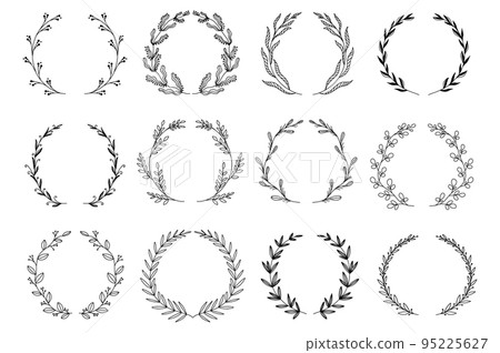 Ornamental branch wreathes set in hand drawn design. Laurel leaves wreath and decorative branch bundle. Botanical decor of herbs, twigs with flowers and plants elements. Vector floral decoration Ornamental branch wreathes set in hand drawn design. Laurel leaves wreath and decorative branch bundle. Botanical decor of herbs, twigs with flowers and plants elements. Vector floral decoration 95225627
