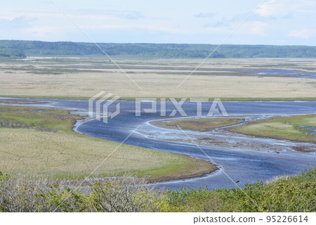 從北海道濱中町的琵琶瀨展望台眺望,琵琶瀨川蜿蜒曲折的廣闊切多布沼澤的景色非常美麗。 從北海道濱中町的琵琶瀨展望台眺望,琵琶瀨川蜿蜒曲折的廣闊切多布沼澤的景色非常美麗。 95226614