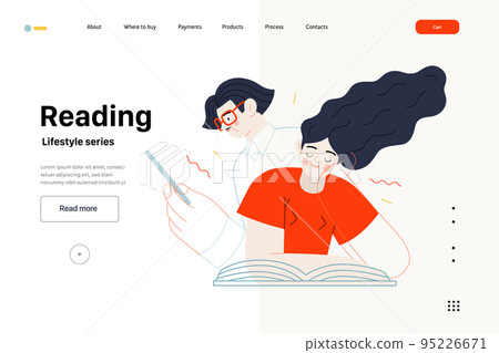 Lifestyle web template - Reading - modern flat vector illustration of a man and a woman reading the books. People activities concept Lifestyle web template - Reading - modern flat vector illustration of a man and a woman reading the books. People activities concept 95226671