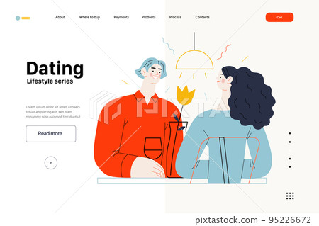 Lifestyle web template - Dating - modern flat vector illustration of a woman and a man dating in the restaurant sitting at the table drinking wine, vase with a flower. People activities concept 95226672