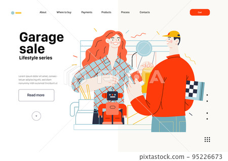 Lifestyle web template -Garage sale -modern flat vector illustration of a woman selling house stuff, table filled with house utilities and toys, and man buying a chess board. People activities concept Lifestyle web template -Garage sale -modern flat vector illustration of a woman selling house stuff, table filled with house utilities and toys, and man buying a chess board. People activities concept 95226673