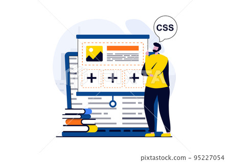 Web development concept with people scene in flat cartoon design. Man designer creates websites layouts and analyzing prototype, programming and testing code. Vector illustration visual story for web 95227054