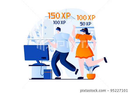 Virtual reality concept with people scene in flat cartoon design. Man and woman in VR glasses playing video game in cyberspace, gaming, compete and have fun. Vector illustration visual story for web Virtual reality concept with people scene in flat cartoon design. Man and woman in VR glasses playing video game in cyberspace, gaming, compete and have fun. Vector illustration visual story for web 95227101