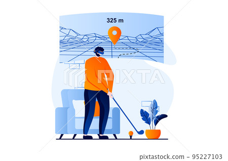 Virtual reality concept with people scene in flat cartoon design. Man in VR glasses playing virtual golf in cyberspace, gaming and cyber sport competition. Vector illustration visual story for web Virtual reality concept with people scene in flat cartoon design. Man in VR glasses playing virtual golf in cyberspace, gaming and cyber sport competition. Vector illustration visual story for web 95227103