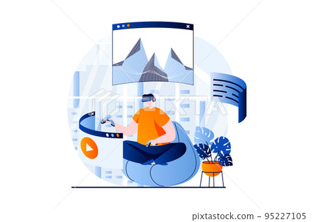 Virtual reality concept with people scene in flat cartoon design. Man in VR glasses using controllers for interacting with dashboards and watching content. Vector illustration visual story for web Virtual reality concept with people scene in flat cartoon design. Man in VR glasses using controllers for interacting with dashboards and watching content. Vector illustration visual story for web 95227105