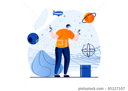 Virtual reality concept with people scene in flat cartoon design. Man in VR glasses using controllers for research and interacting with planets in simulation. Vector illustration visual story for web Virtual reality concept with people scene in flat cartoon design. Man in VR glasses using controllers for research and interacting with planets in simulation. Vector illustration visual story for web 95227107