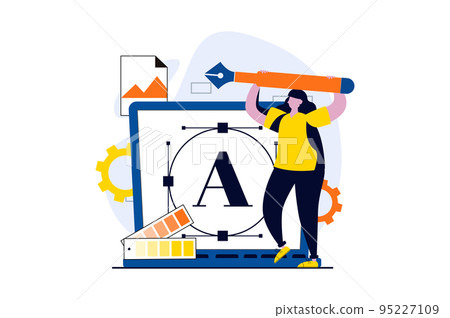 Ui ux design concept with people scene in flat cartoon design. Woman illustrator creates graphic elements, places buttons and working with layout of interface. Vector illustration visual story for web Ui ux design concept with people scene in flat cartoon design. Woman illustrator creates graphic elements, places buttons and working with layout of interface. Vector illustration visual story for web 95227109