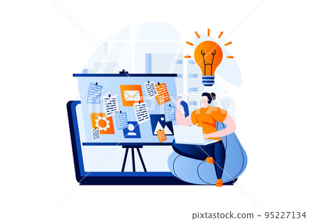 Ui ux design concept with people scene in flat cartoon design. Woman designer creates user interface using laptop, brainstorming and generating new ideas. Vector illustration visual story for web 95227134