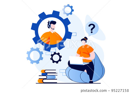 Technical support concept with people scene in flat cartoon design. Woman chatting to operator with question. Man in headset solving tech problems of clients. Vector illustration visual story for web 95227158