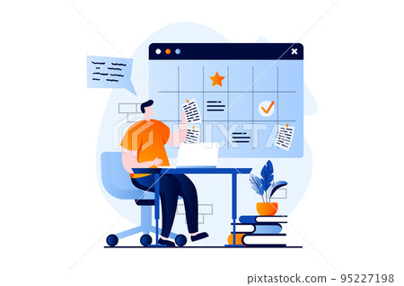 Strategic planning concept with people scene in flat cartoon design. Man develops project strategy, brainstorming, sets tasks, organizes business workflows. Vector illustration visual story for web 95227198