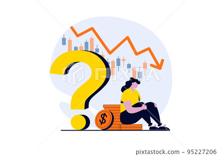 Stock market concept with people scene in flat cartoon design. Woman losing money on exchange, thinking and analyzing chart with down trend, financial crisis. Vector illustration visual story for web Stock market concept with people scene in flat cartoon design. Woman losing money on exchange, thinking and analyzing chart with down trend, financial crisis. Vector illustration visual story for web 95227206