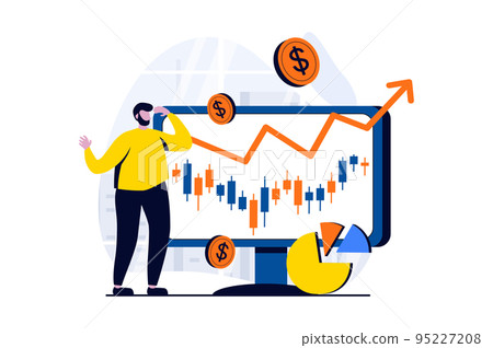 Stock market concept with people scene in flat cartoon design. Man makes money on exchange with successful strategy, analyzes data and increases profit. Vector illustration visual story for web Stock market concept with people scene in flat cartoon design. Man makes money on exchange with successful strategy, analyzes data and increases profit. Vector illustration visual story for web 95227208