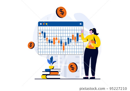 Stock market concept with people scene in flat cartoon design. Woman buys and sells on exchange with successful strategy, analyzes data and increases income. Vector illustration visual story for web Stock market concept with people scene in flat cartoon design. Woman buys and sells on exchange with successful strategy, analyzes data and increases income. Vector illustration visual story for web 95227210