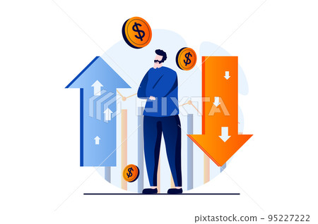 Stock market concept with people scene in flat cartoon design. Man thinking and analysis chart with arrow with different trends and trading on stock exchange. Vector illustration visual story for web 95227222