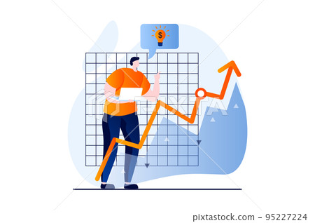 Stock market concept with people scene in flat cartoon design. Man analyzes chart with arrow of growth and positive trend and trading on stock exchange. Vector illustration visual story for web Stock market concept with people scene in flat cartoon design. Man analyzes chart with arrow of growth and positive trend and trading on stock exchange. Vector illustration visual story for web 95227224