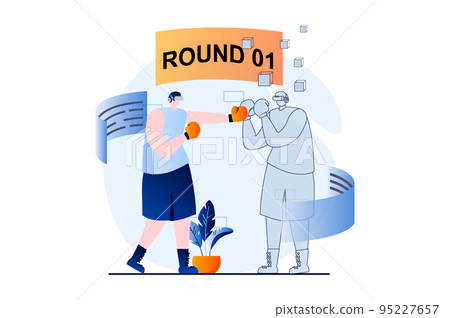 Metaverse concept with people scene in flat cartoon design. Man in VR headset fights in boxing tournament with virtual opponents in cybersport simulation game. Vector illustration visual story for web Metaverse concept with people scene in flat cartoon design. Man in VR headset fights in boxing tournament with virtual opponents in cybersport simulation game. Vector illustration visual story for web 95227657
