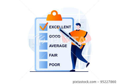 Feedback page concept with people scene in flat cartoon design. Man fills out questionnaire form and gives excellent mark. Customer satisfaction ranking. Vector illustration visual story for web Feedback page concept with people scene in flat cartoon design. Man fills out questionnaire form and gives excellent mark. Customer satisfaction ranking. Vector illustration visual story for web 95227860