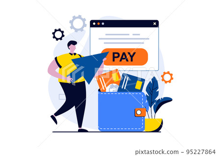 E-payment process concept with people scene in flat cartoon design. Man paying on website using electronic wallet and virtual credit cards at online banking. Vector illustration visual story for web E-payment process concept with people scene in flat cartoon design. Man paying on website using electronic wallet and virtual credit cards at online banking. Vector illustration visual story for web 95227864