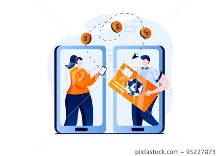 E-payment process concept with people scene in flat cartoon design. Woman transfers money to man credit card using online banking in mobile application. Vector illustration visual story for web 95227873