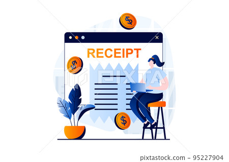 Electronic receipt concept with people scene in flat cartoon design. Woman receives online payment tax form and paying invoice. Banking and money transfer. Vector illustration visual story for web 95227904