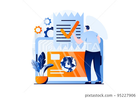 Electronic receipt concept with people scene in flat cartoon design. Man paying with digital check for purchase from credit card. Banking and money transfer. Vector illustration visual story for web 95227906