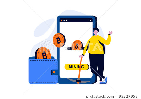 Cryptocurrency mining concept with people scene in flat cartoon design. Man mines crypto money, saves on electronic wallet and monitors account in mobile app. Vector illustration visual story for web Cryptocurrency mining concept with people scene in flat cartoon design. Man mines crypto money, saves on electronic wallet and monitors account in mobile app. Vector illustration visual story for web 95227955