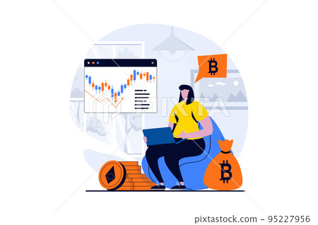 Cryptocurrency mining concept with people scene in flat cartoon design. Woman monitors data of exchanges, invests money and buys bitcoins to increase wealth. Vector illustration visual story for web Cryptocurrency mining concept with people scene in flat cartoon design. Woman monitors data of exchanges, invests money and buys bitcoins to increase wealth. Vector illustration visual story for web 95227956