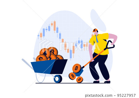 Cryptocurrency mining concept with people scene in flat cartoon design. Miner collects bitcoins and other crypto money in wheelbarrow for trading on exchange. Vector illustration visual story for web Cryptocurrency mining concept with people scene in flat cartoon design. Miner collects bitcoins and other crypto money in wheelbarrow for trading on exchange. Vector illustration visual story for web 95227957