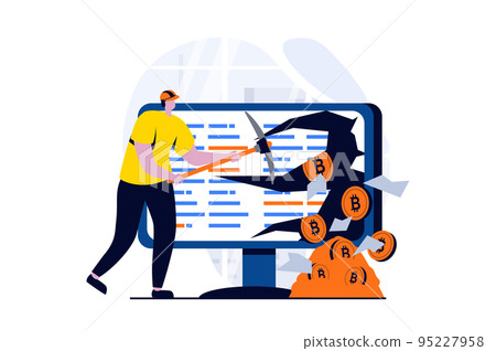 Cryptocurrency mining concept with people scene in flat cartoon design. Man mines bitcoins with pickaxe, uses blockchain technology and computer equipment. Vector illustration visual story for web 95227958