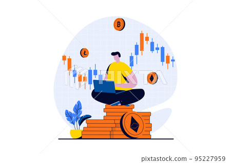 Cryptocurrency mining concept with people scene in flat cartoon design. Man mines bitcoins, litecoins and etherium, analyzes market data and increases profit. Vector illustration visual story for web 95227959