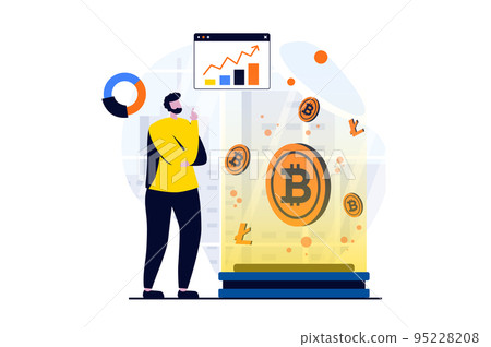 Cryptocurrency marketplace concept with people scene in flat cartoon design. Man buys bitcoins and other currencies at crypto exchange and analyzing data. Vector illustration visual story for web Cryptocurrency marketplace concept with people scene in flat cartoon design. Man buys bitcoins and other currencies at crypto exchange and analyzing data. Vector illustration visual story for web 95228208