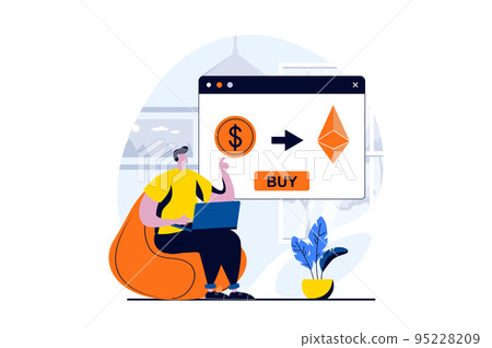 Cryptocurrency marketplace concept with people scene in flat cartoon design. Man buys bitcoins and other currencies and invests money at crypto exchange. Vector illustration visual story for web Cryptocurrency marketplace concept with people scene in flat cartoon design. Man buys bitcoins and other currencies and invests money at crypto exchange. Vector illustration visual story for web 95228209
