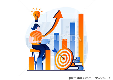 Business making concept with people scene in flat cartoon design. Businesswoman develops business, launch new project, increases income and develops startup. Vector illustration visual story for web 95228223
