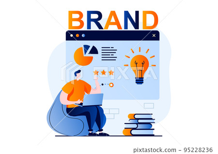 Branding team concept with people scene in flat cartoon design. Man with laptop analyzes company data, generates new ideas, developed improvement strategy. Vector illustration visual story for web Branding team concept with people scene in flat cartoon design. Man with laptop analyzes company data, generates new ideas, developed improvement strategy. Vector illustration visual story for web 95228236