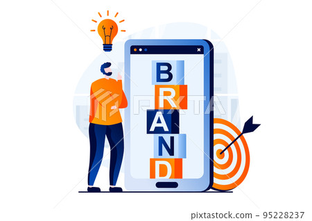 Branding team concept with people scene in flat cartoon design. Man generates new ideas and creates business brand and audience targeting from mobile app. Vector illustration visual story for web Branding team concept with people scene in flat cartoon design. Man generates new ideas and creates business brand and audience targeting from mobile app. Vector illustration visual story for web 95228237