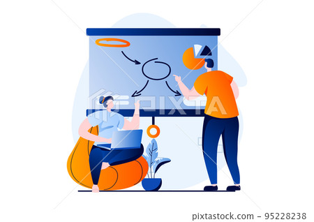 Branding team concept with people scene in flat cartoon design. Woman and man working in creative agency together, discuss and develop development strategy. Vector illustration visual story for web 95228238